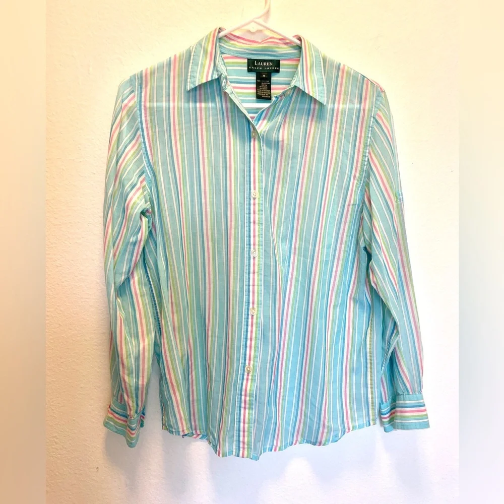 Vintage Lauren by Ralph Lauren, blue green and pink sheer button down shirt - Picture 1 of 8